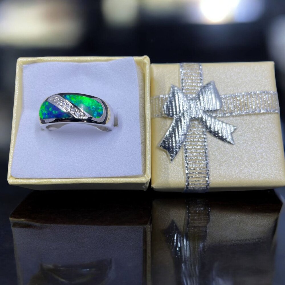 Lia Sophia Blue Green Inlay Ring Silver Tone Crystal Accent Modern Statement Chi
